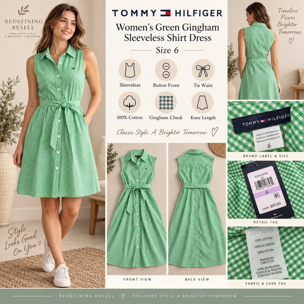 Tommy Hilfiger Womens Green Gingham Sleeveless Shirt Dress Size 6 A5BA3NRB